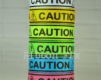 5/8" Caution Tape Print Grosgrain Ribbon - Halloween Yellow - Crime Scene - Do Not Pet - In Training - Not Friendly - Cat Collar - Dog Leash