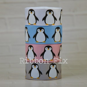 7/8" Winter Penguin Print Grosgrain Ribbon - Christmas Gift Wrap - Holiday Party Bird - Baby Shower Bows - First Birthday - Dog Collar Leash