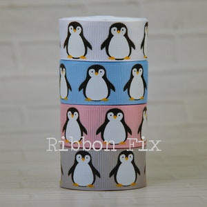 7/8&quot; Winter Penguin Print Grosgrain Ribbon - Christmas Gift Wrap - Holiday Party Bird - Baby Shower Bows - First Birthday - Dog Collar Leash