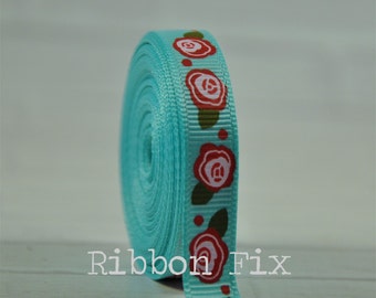 3/8" Aqua Blue Roses impresión Grosgrain cinta - jardín - flores rosas - corona floral - fiesta de boda - ducha de bebé - envoltura de regalo - collar de perro