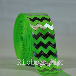 7/8" Neon Green & Silver Foil Chevron Stripe Print Grosgrain Ribbon - US Designer - Cheer Bows - Wedding - Baby Shower - Dog Collar - 80's