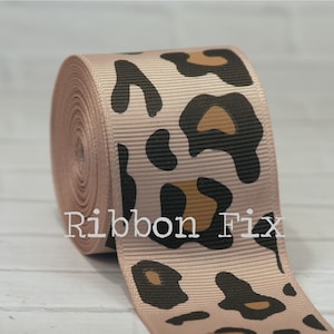1.5&quot; Tan Leopard Spots Grosgrain Ribbon - Zoo Cat - US Designer Print - Cheetah Bows - Jungle Gift Wrap - Baby Shower - Dog Collar Leash