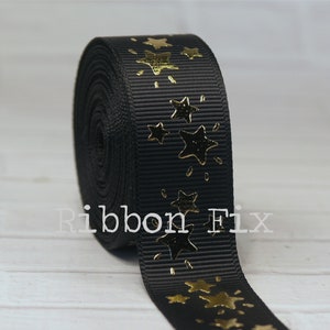 7/8" Black & Gold Foil Sparkle Stars Print Grosgrain Ribbon - 4th of July Bows - Wedding Party - Gift Wrap - Baby Shower - USA - Dog Collar