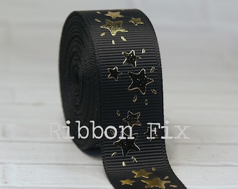 7/8" Black & Gold Foil Sparkle Stars Print Grosgrain Ribbon - 4th of July Bows - Wedding Party - Gift Wrap - Baby Shower - USA - Dog Collar