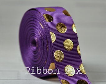 7/8" Purple & Gold Foil Dot Print Grosgrain Ribbon - US Designer - Wedding Gift Wrap - Baby Shower - Golden Dots - Royal Grape Metallic Dots