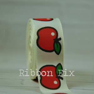 7/8&quot; Antique White & Red Big Apples Print Grosgrain Ribbon - Fall Fruit - School - Teacher - Baby Shower - Apple Pie - Dog Collar Leash