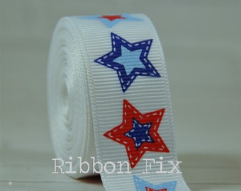 7/8" Patchwork Star Print Grosgrain Ribbon - Red White Blue - 4th of July - USA Patriotic - Dog Collar - Patriotic Military - Stitched Stars