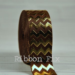 7/8&quot; Brown & Gold Foil Chevron Stripe Grosgrain Ribbon - US Designer - Wedding Bling - Baby Shower - Dog Collar - Thanksgiving - Football