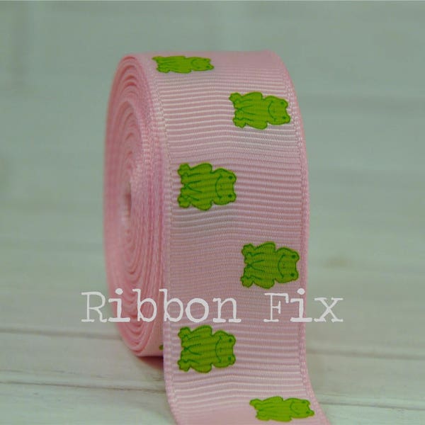 3/8" 7/8" 1.5" Baby Pink Frog Grosgrain Ribbon - US Designer Print - Toad - Green Frogs - Baby Shower - Dog Collar Leash - Princess Turtle