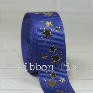 7/8" Royal Blue & Gold Foil Sparkle Stars Print Grosgrain Ribbon - 4th of July Bows - Wedding Party - Gift Wrap - Baby Shower - USA - Collar