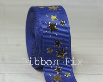 7/8" Royal Blue & Gold Foil Sparkle Stars Print Grosgrain Ribbon - 4th of July Bows - Wedding Party - Gift Wrap - Baby Shower - USA - Collar