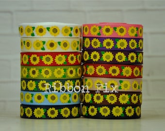 3/8&quot; Yellow Sunflower Print Grosgrain Ribbon - US Designer - Fall Sunflowers - White Green Blue Pink Purple Brown Black - Seeds - Festival