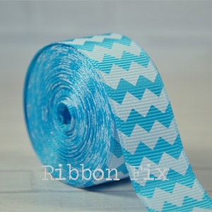 3/8&quot; 7/8&quot; Turquoise Chevron Stripe Grosgrain Ribbon - Summer Craft - Sewing - Wedding - Hair Bows - Wreath - Home Decor - Dog Collar Leash