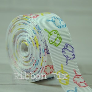 7/8&quot; Birthday Cupcakes Print Grosgrain Ribbon - Cupcake - Party Cake - Pink - Blue - Green - Yellow - Purple - Gift Wrap Bows - Dog Collar