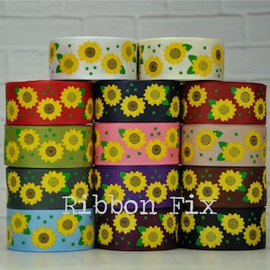 7/8&quot; Yellow Sunflower Print Grosgrain Ribbon - US Designer - Fall Sunflowers - White Green Blue Pink Purple Brown Black - Seeds - Festival