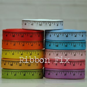 3/8" Ruler Print Grosgrain Ribbon - Fall School Bow - Teacher Gift - Measuring Tape - Red Pink Yellow Green Blue Orange Purple White Black