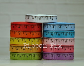 3/8" Ruler Print Grosgrain Ribbon - Fall School Bow - Teacher Gift - Measuring Tape - Red Pink Yellow Green Blue Orange Purple White Black