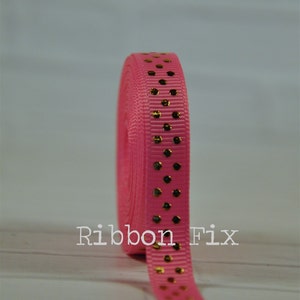 3/8&quot; Hot Pink & Gold Swiss Dot Print Grosgrain Ribbon - Bling Dots - Sparkle - Wedding Party - Gift Wrap - Jewelry - Dog Bow - Baby Shower