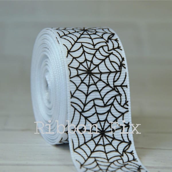 3/8 », 5/8 », ou 1 » Blanc &Noir Toile d’araignée Imprimer Grosgrain Ruban - Toiles d’araignée - Halloween - Arcs d’araignées - Collier pour chien - Sorcières - Emballage cadeau