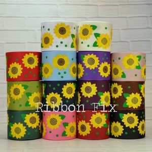1.5&quot; Yellow Sunflower Print Grosgrain Ribbon - US Designer - Fall Sunflowers - White Green Blue Pink Purple Brown Black - Seeds - Festival
