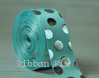 Ruban gros grain imprimé pois bleu aqua et feuille argentée de 7/8 po. - designer américain - fête de mariage - baby shower - pois - laisse collier de chien - cadeau - bricolage