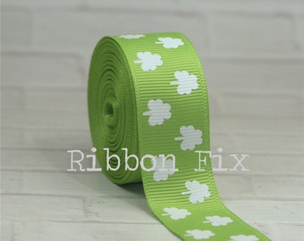 7/8" Lime Green Shamrock Print Grosgrain Ribbon - US Designer - St. Patrick's Day - Lucky Clover - Irish Leprechaun - Dog Collar - Gift Wrap