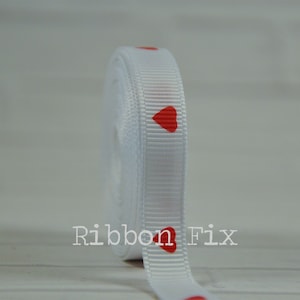 3/8&quot; White + Red Tiny Heart Print Grosgrain Ribbon - Valentine&#39;s Day - Wedding Party - Hugs & Kisses - Love Bows - Dog Collar - Gift Wrap