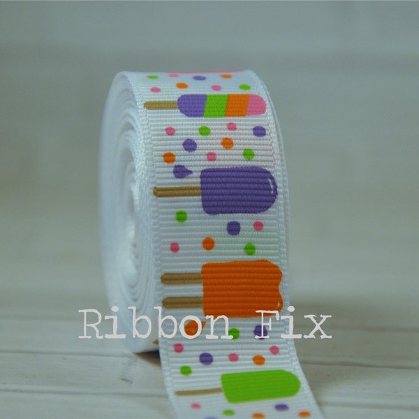 7/8" White Popsicles Grosgrain Ribbon - US Designer Print - Popsicle Stick - Ice Cream Truck - Craft Project Bow - Twin Pops - Rocket - Dots