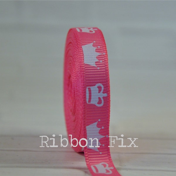 3/8" Hot Pink & White Crown Print Grosgrain Ribbon - Princess Bows - Korker Bow - Wedding - Baby Shower - Dog Collar - Fairy - Ballet Tiara