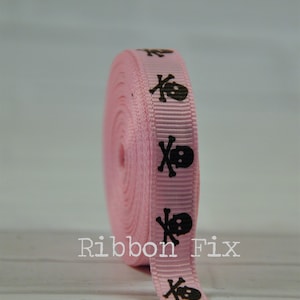 3/8&quot; Baby Pink & Black Skull Grosgrain Ribbon - US Designer Print - Skeleton High - Craft  - Monster - Teen - Halloween - Dog Collar Leash