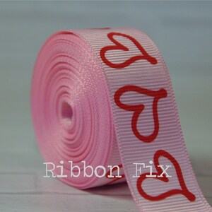 7/8&quot; Baby Pink & Red Doodle Heart Print Grosgrain Ribbon - Valentine&#39;s Day - Wedding Party - Love Gift Wrap - Baby Shower - Dog Collar - Bow