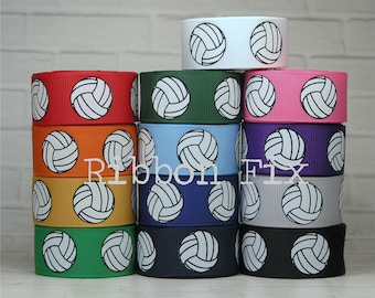 May include: A stack of 12 rolls of ribbon featuring a volleyball design. The ribbon comes in a variety of colours, including red, orange, yellow, green, blue, purple, and white.