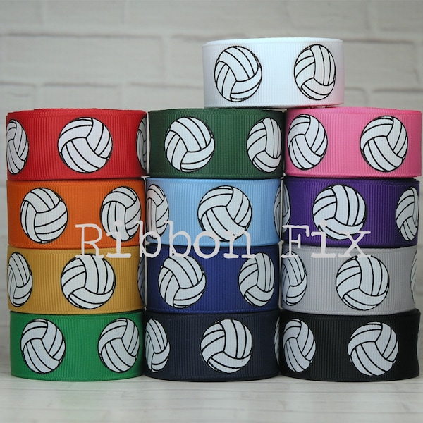 7/8" Black & White Volleyball Print Grosgrain Ribbon - Dig Set Spike - Bump - Sport Team - Beach Net Sand - Score - Sport Bows - High School