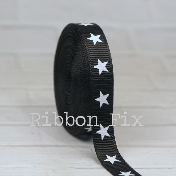 3/8" Black & White  Star Print Grosgrain Ribbon - Stars + Stripes - US Designer - 4th of July - Patriotic - Old Glory - Military - USA - Bow