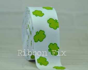 7/8" White & Lime Green Fluffy Shamrock Print Grosgrain Ribbon - St. Patrick's Day - Lucky Clover - Irish Luck - Leprechaun - Emerald Green