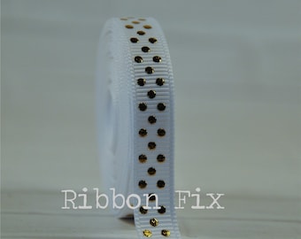 3/8" White & Gold Swiss Dot Print Grosgrain Ribbon - US Designer - Bling Dots - Christmas Sparkle - Wedding Party - Gift Jewelry - Dog Bows