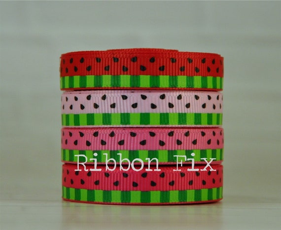 3/8" Watermelon Stripe Print Grosgrain Ribbon - US Designer - Black Seeds - Juicy Summer Fruit Bow - Gift Wrap - Lemon Hairbows - Red - Pink