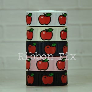 5/8&quot; Red Apple Print Grosgrain Ribbon - Back to School - Fall Bows - Fruit Tree - Teacher Gift Wrap - Baby Shower - White Pink Navy Black