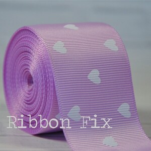1.5&quot; Light Orchid Heart Print Grosgrain Ribbon - Valentine&#39;s Day Bows - Gift Wrap - White Hearts - Wedding - Home Decor - Dog Collar Leash