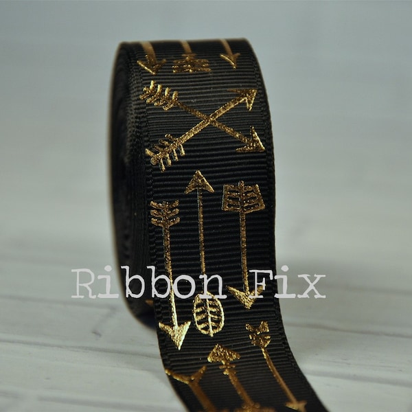 7/8" Black & Gold Foil Arrow Print Grosgrain Ribbon - Tribal Arrows - Boho Bling - Feather Bow - Wedding - Baby Shower - Dog Collar Leash