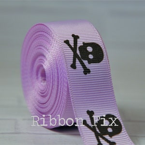7/8&quot; Lt. Orchid & Black Skull Grosgrain Ribbon - US Designer Print - Skeleton - Craft  - Monster - Teen - Home Decor - Dog Collar Leash