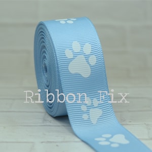 7/8&quot; Baby Blue & White Paw Print Grosgrain Ribbon - US Designer Paws - Dog Cat Collar Leash Bow - Grooming Bows Gifts - Treat - Baby Shower