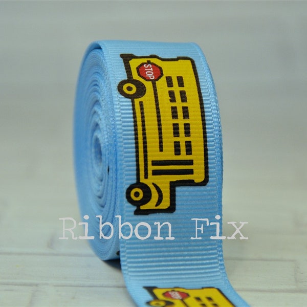 7/8" Baby Blue & Yellow Gold School Bus w/ Stop Sign Print Grosgrain Ribbon - Bus Driver - Lanyard - Teacher Gift Key Fob - Dog Collar Leash