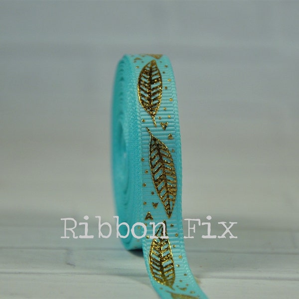 3/8" Aqua Blue & Gold Foil Feather Print Grosgrain Ribbon - Feathers - Arrow Bow - Wedding - Baby Shower - Wreath - Dog Collar Leash Bows