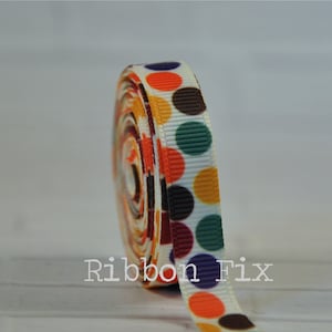 3/8&quot; Fall Polka Dots Print Grosgrain Ribbon - Thanksgiving Bow - Baby Shower - Dog Collar - Forest Green - Brown - Purple - Orange - Yellow