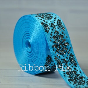 7/8&quot; Turquoise Blue & Black Glitter Damask Print Grosgrain Ribbon - US Designer - Toile - Wedding Party - Baby Shower - Dog Collar Leash