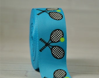 7/8" Turquoise Tennis Print Grosgrain Ribbon - Rackets - Balls - Sports Court - Net - Love - Backhand - Deuce - Serve - Dog Collar Leash