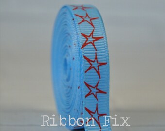 3/8" Baby Blue & Red Drawn Star Print Grosgrain Ribbon - 4th of July - Red White Blue - USA Stars - Flag - Patriotic - Dog Collar Leash