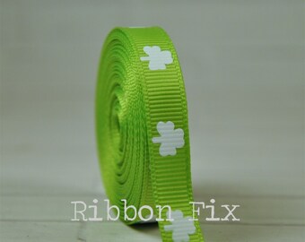 3/8" Lime Green Shamrock Print Grosgrain Ribbon - St. Patrick's Day Bow - Lucky Clover - Irish Luck - Lucky Leprechaun - Dog Collar Leash