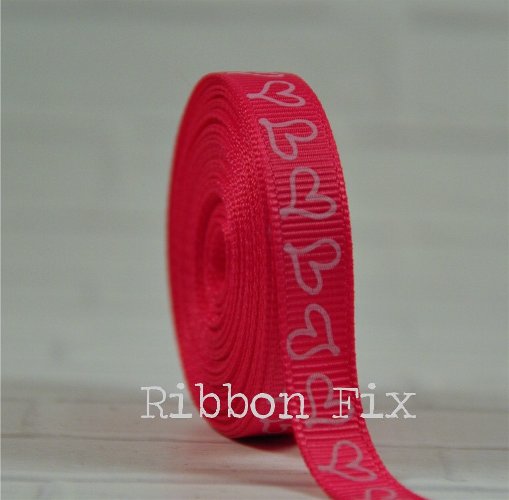 Red Hearts Printed on Pink Grosgrain Ribbon 1 Inch Sewing Crafting